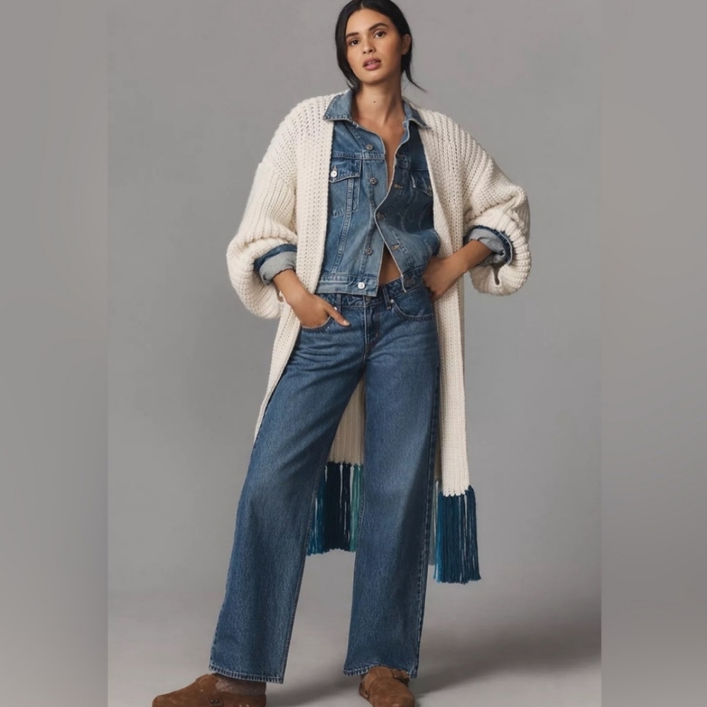 NWT ANTHROPOLOGIE Boho Long White Cardigan Sweater Duster w/ Blue Tassels OS